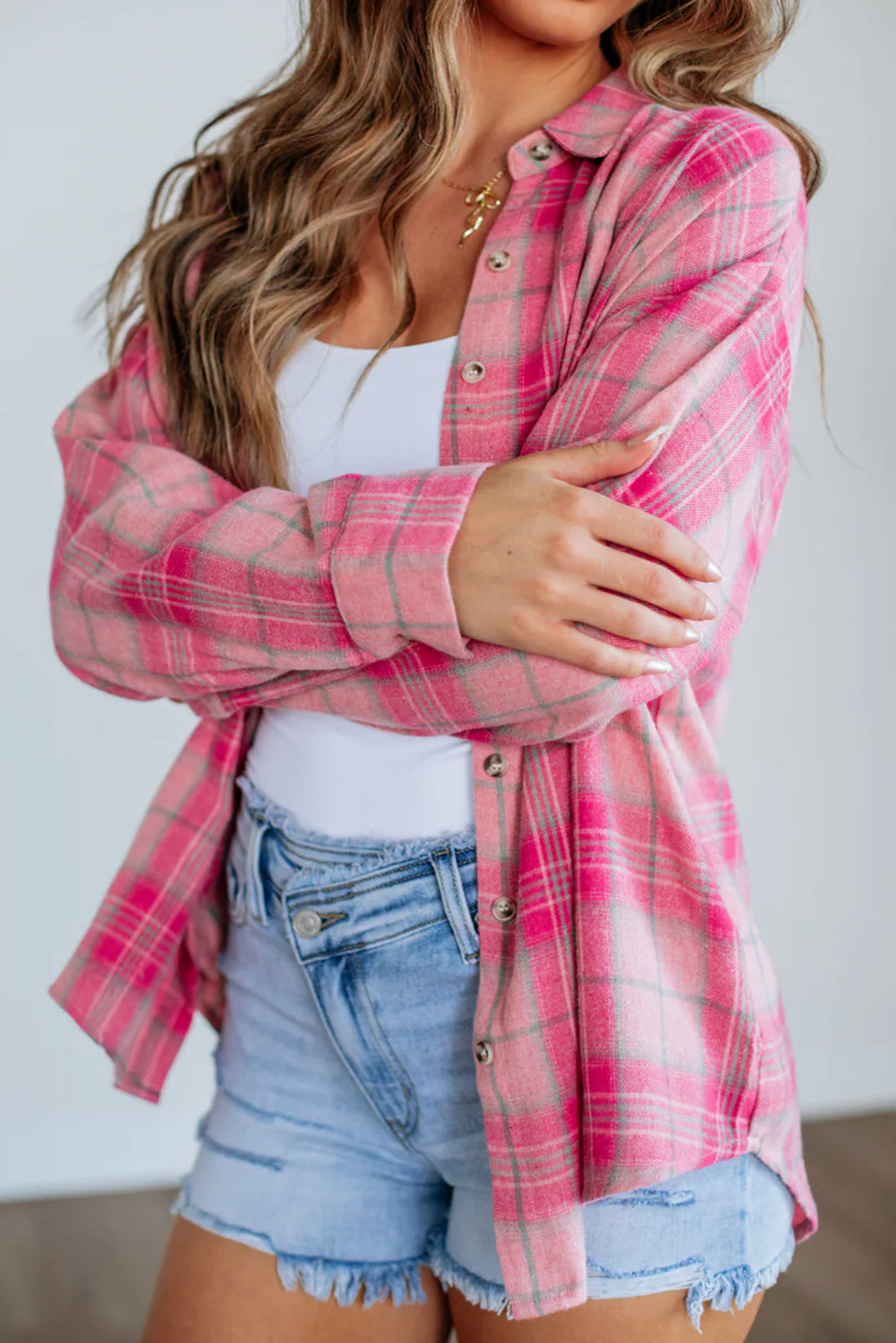 Sachet Pink Plaid Rounded Hem Long Sleeve Shirt Shacket