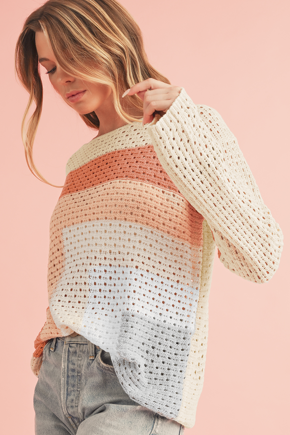 Apricot Pointelle Knit Colorblock Baggy Long Sleeve Top