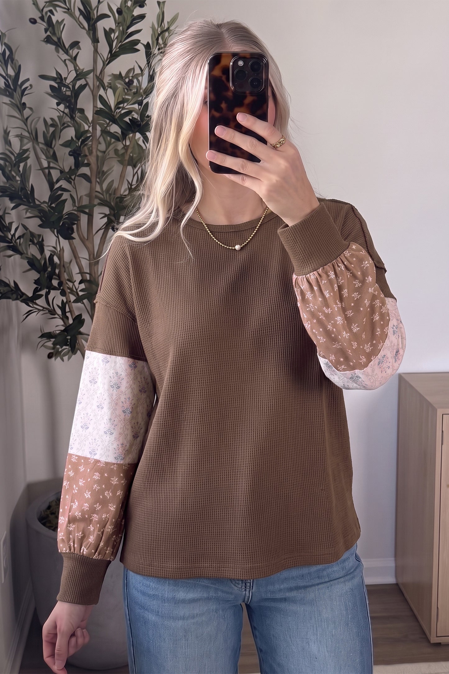 Coffee Floral Print Colorblock Long Sleeve Textured Loose Pullover Tunic Top