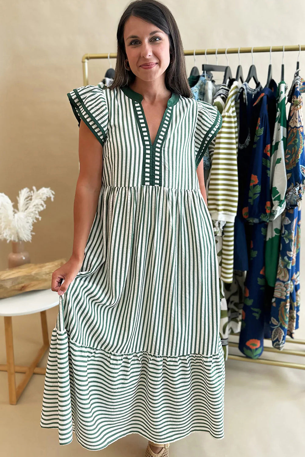 Black Stripe Double Ruffled Short Sleeve Contrast Trim V Neck Midi Dress