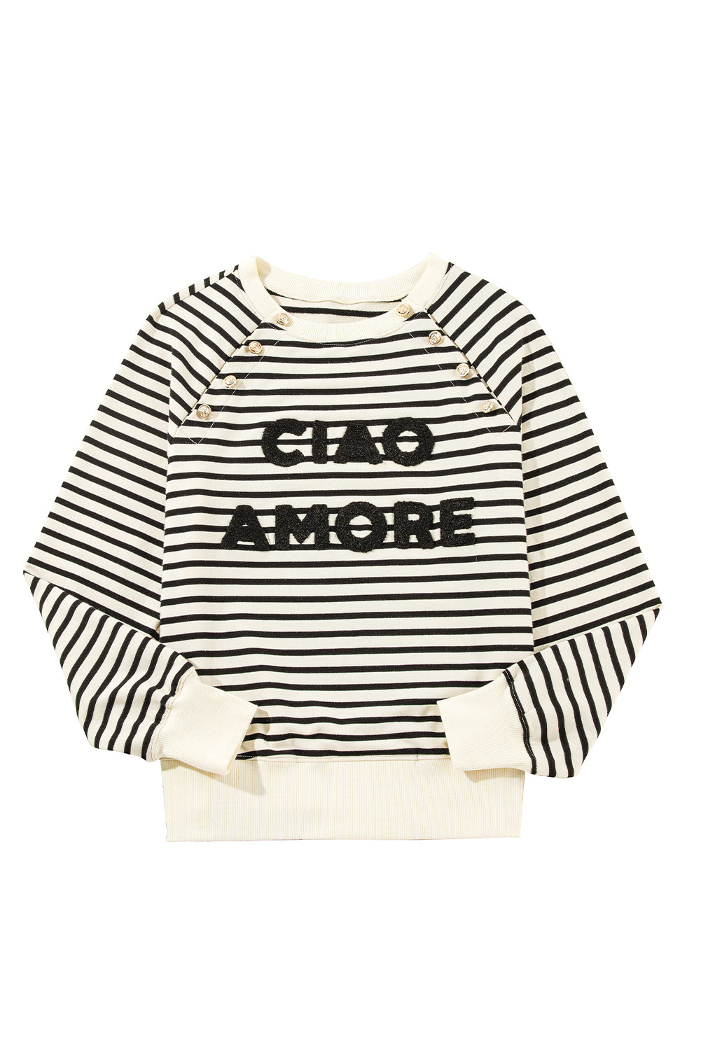 Black Stripe CIAO AMORE Graphic Buttoned Sweatshirt