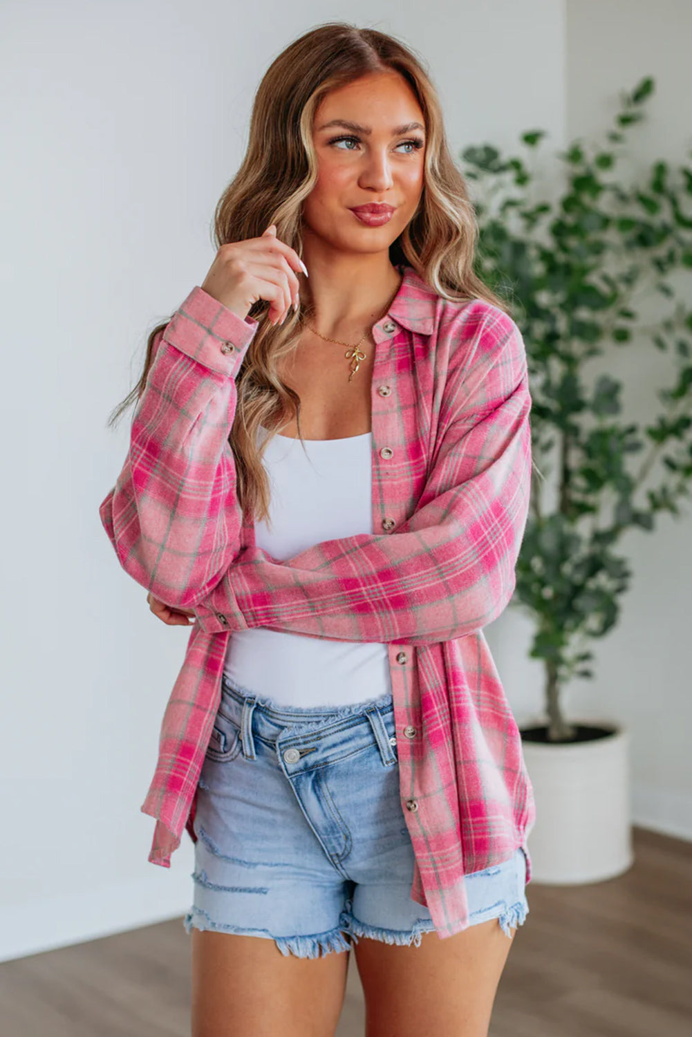 Sachet Pink Plaid Rounded Hem Long Sleeve Shirt Shacket