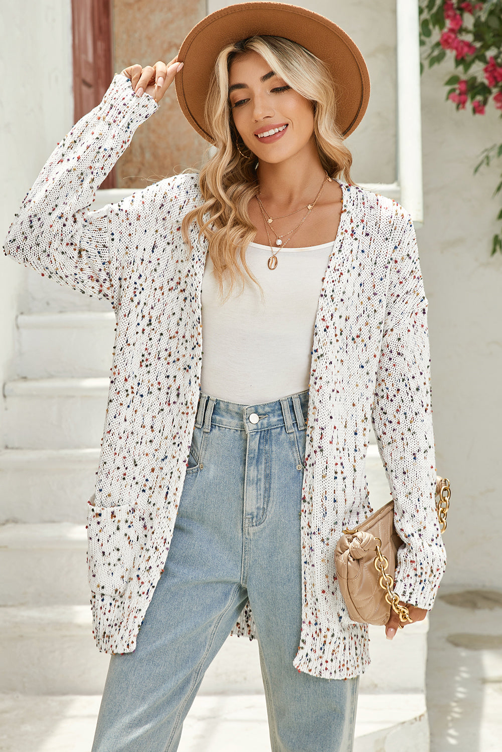 White Dotted Rib Knit Open Front Pocketed Cardigan