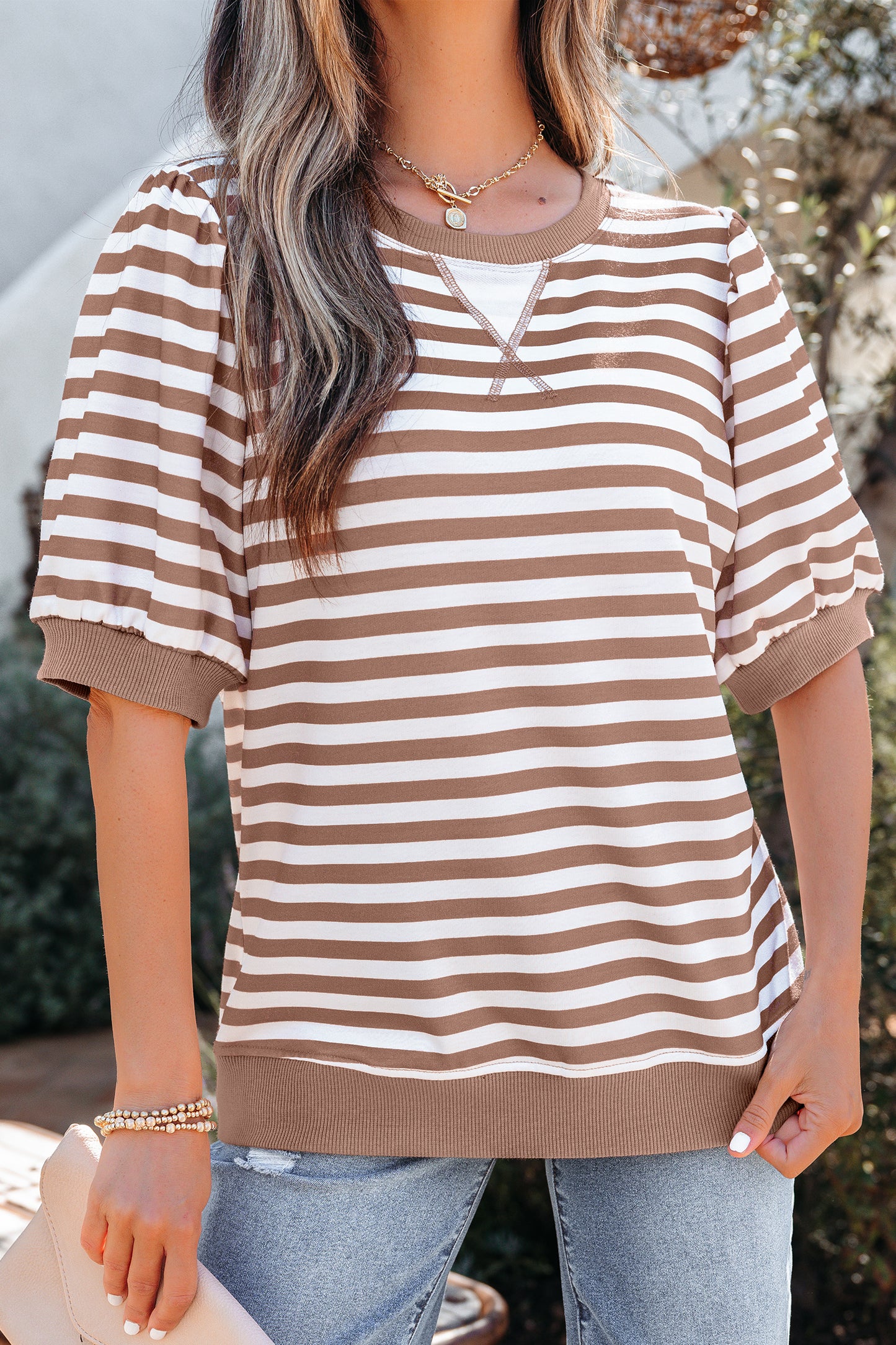 Sky Blue Stripe Short Bubble Sleeve T Shirt