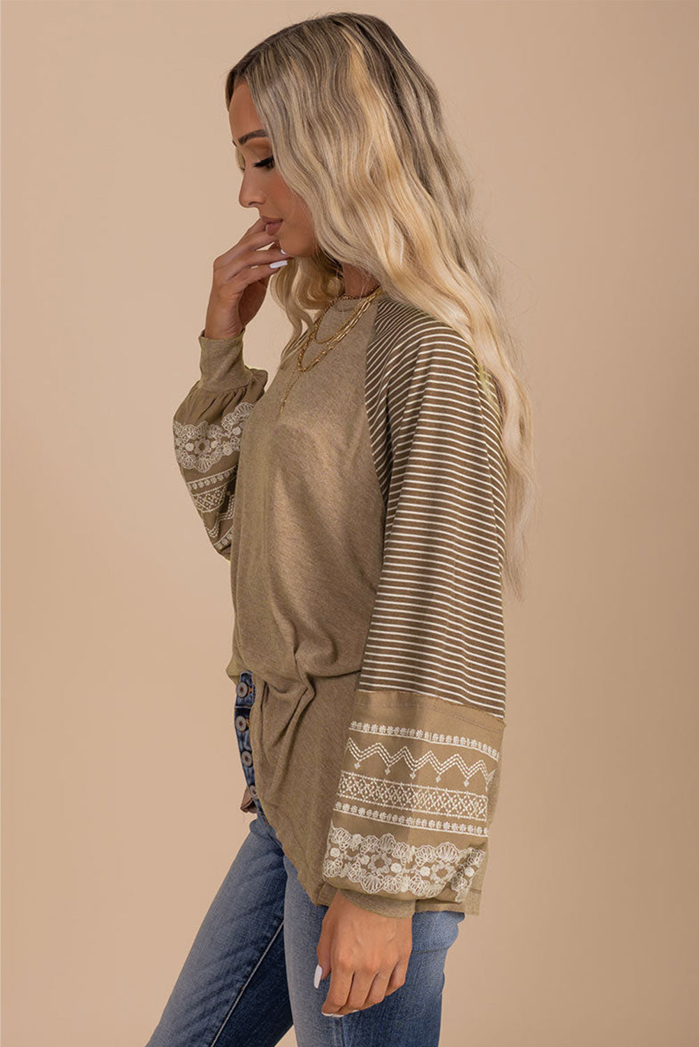 Mineral Red Contrast Print Striped Raglan Long Sleeve Loose Top