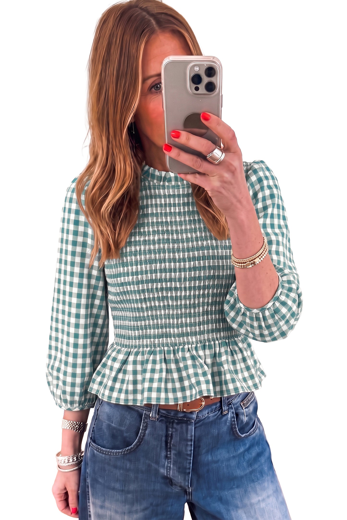 Brown 3/4 Sleeve Shirred Plaid Peplum Top