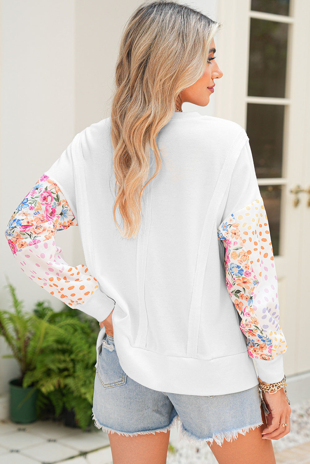 White Floral Dotted Print Patchwork Sleeve High Low Sweatshirt