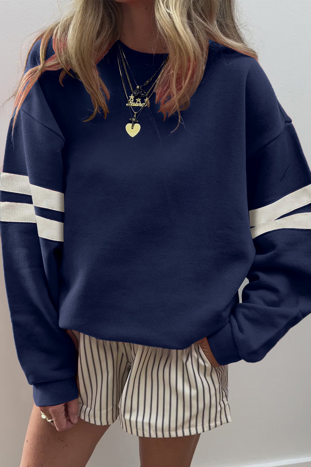 Orange Preppy Striped Sleeve Loose Sweatshirt