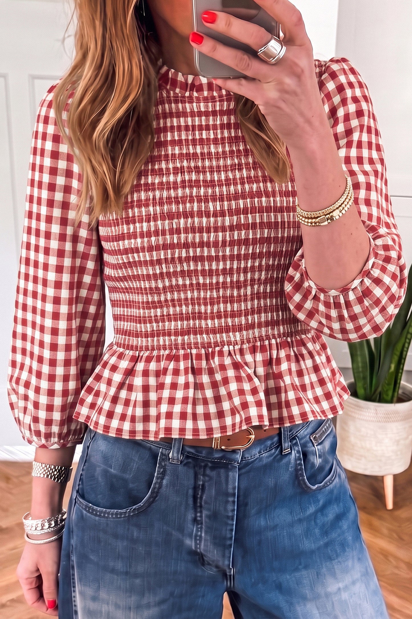 Brown 3/4 Sleeve Shirred Plaid Peplum Top