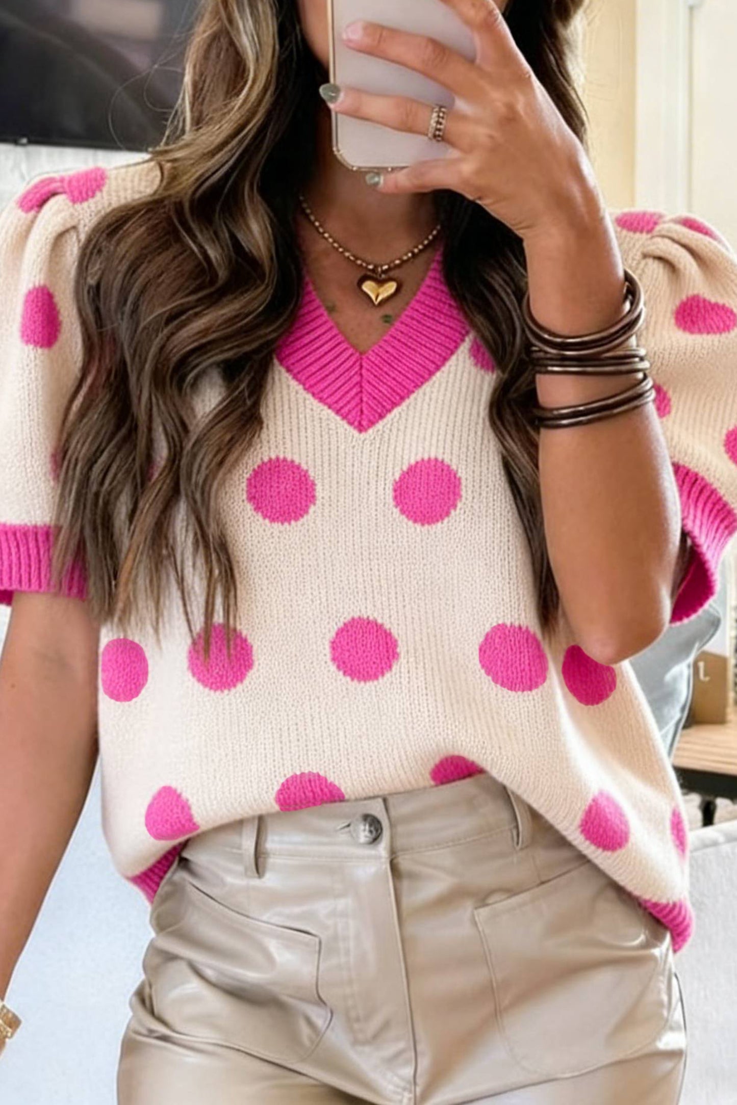 Light Blue Polka Dot Puff Short Sleeve Sweater Top