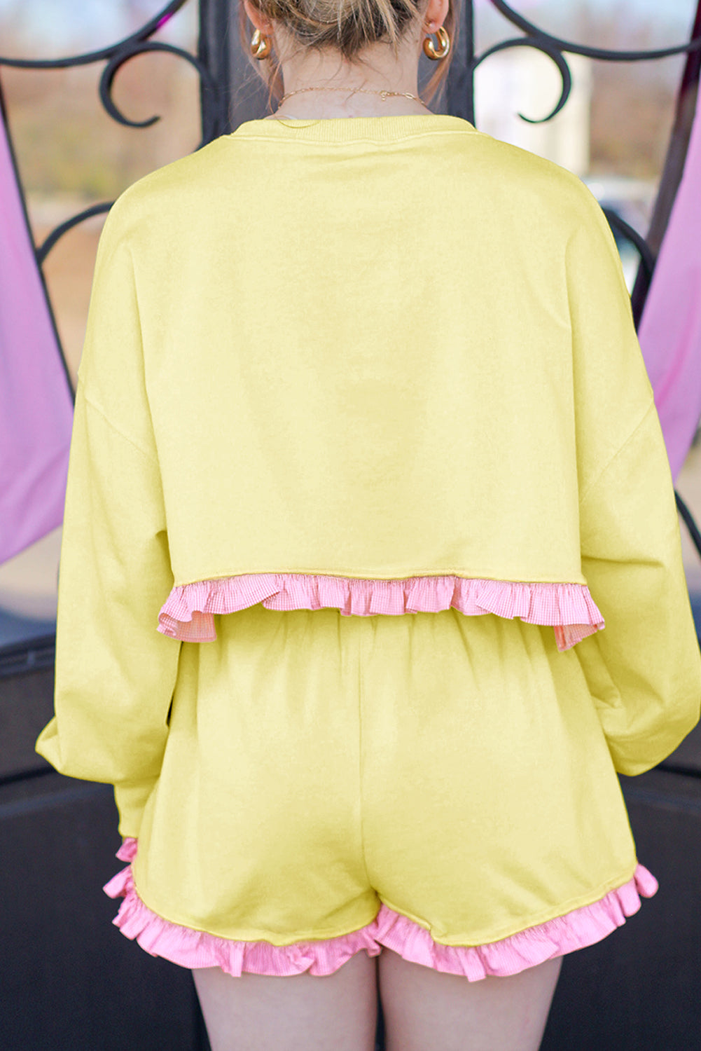 Yellow Ruffle Striped Hem Patchwork Pullover Top and Shorts Plus Size Set