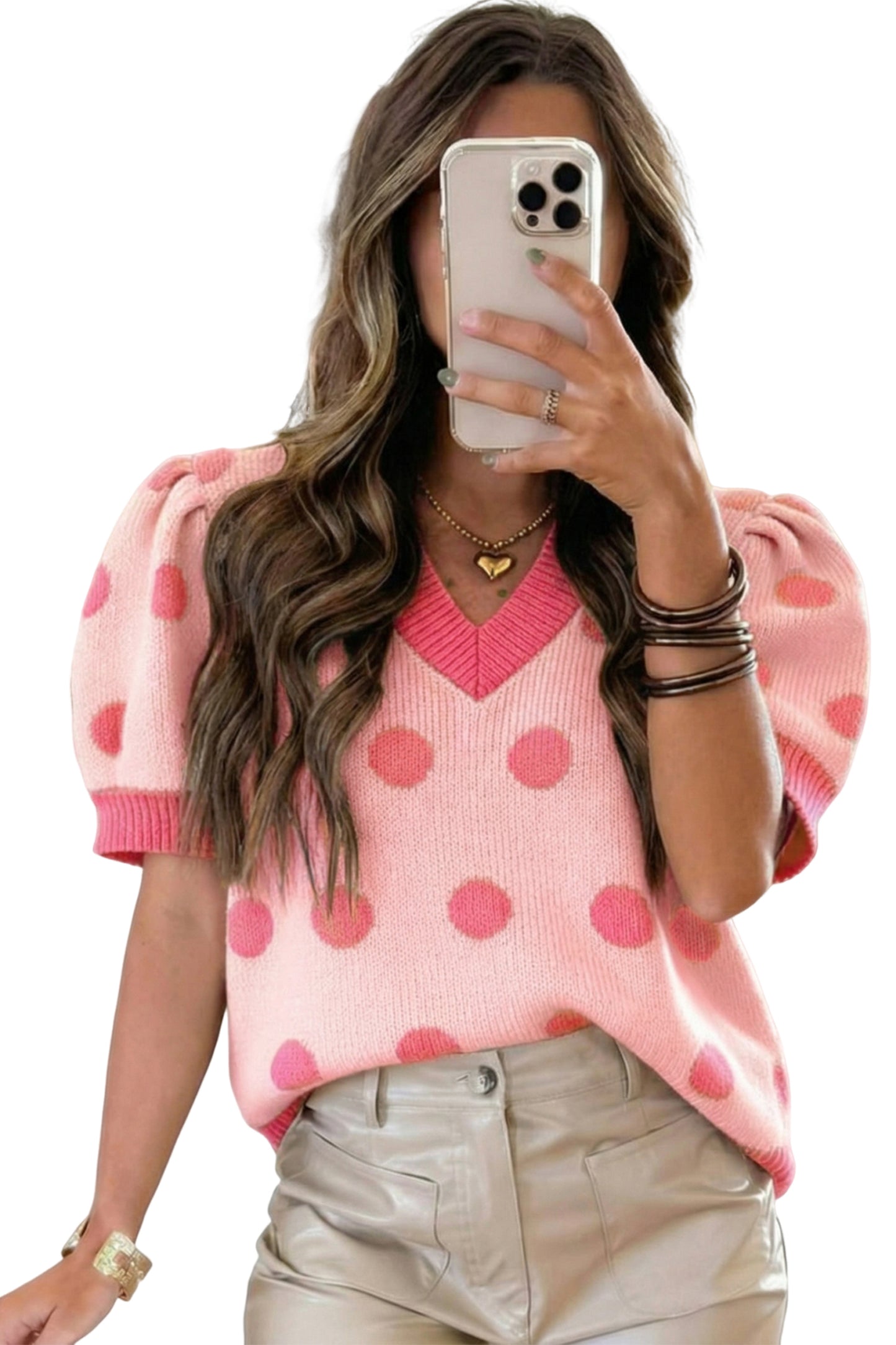 Light Blue Polka Dot Puff Short Sleeve Sweater Top