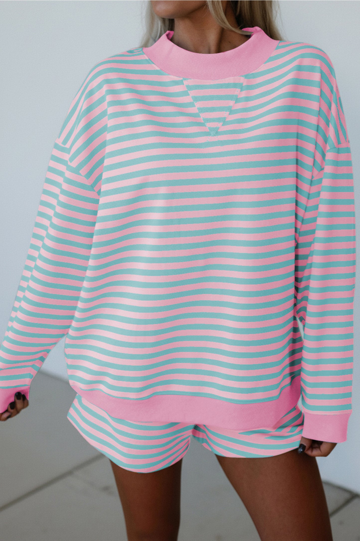 Yellow Stripe Color Block Detail Long Sleeve Pullover Elastic Waist Pull On Shorts 2pcs Set