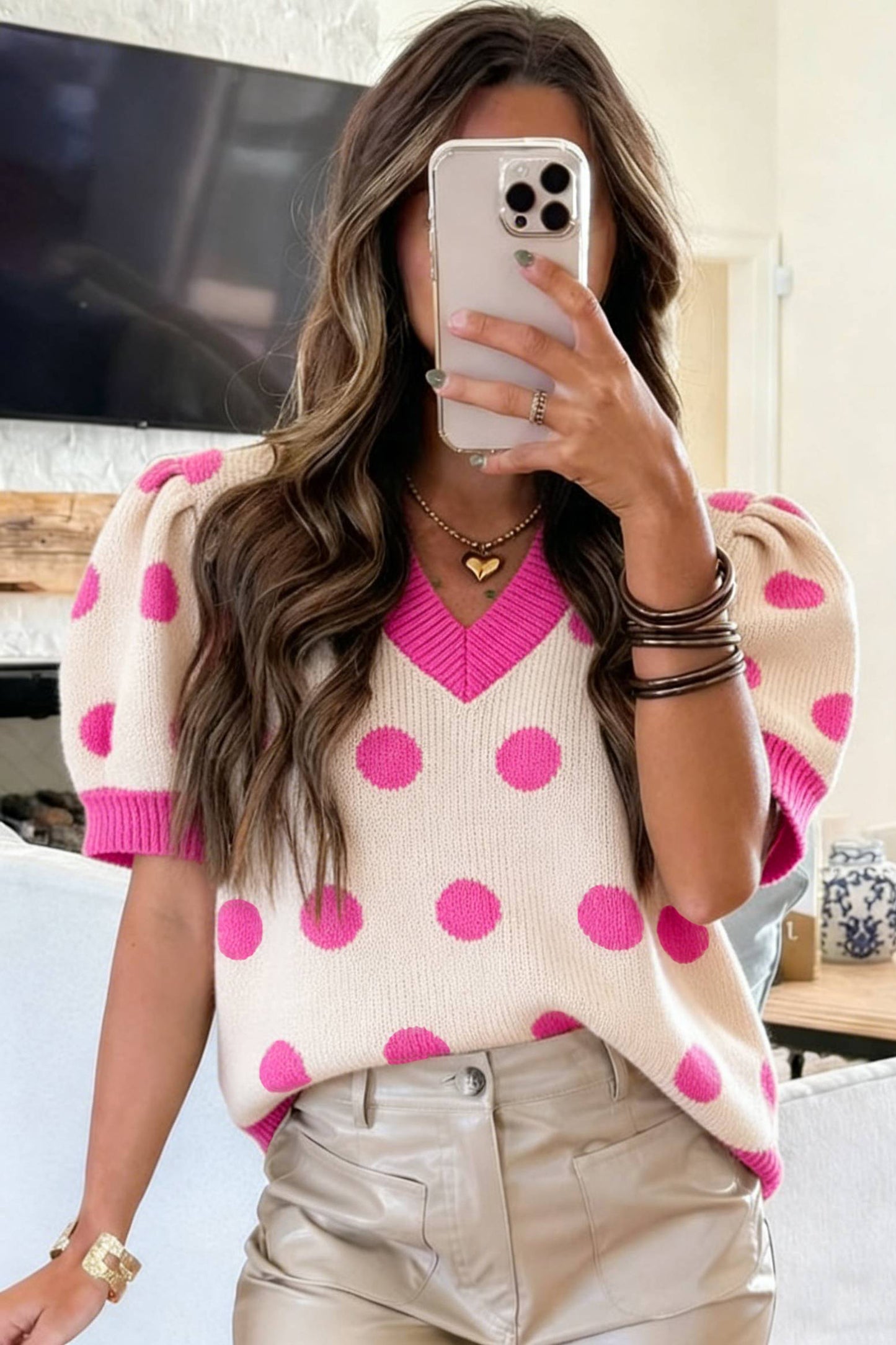 Light Blue Polka Dot Puff Short Sleeve Sweater Top