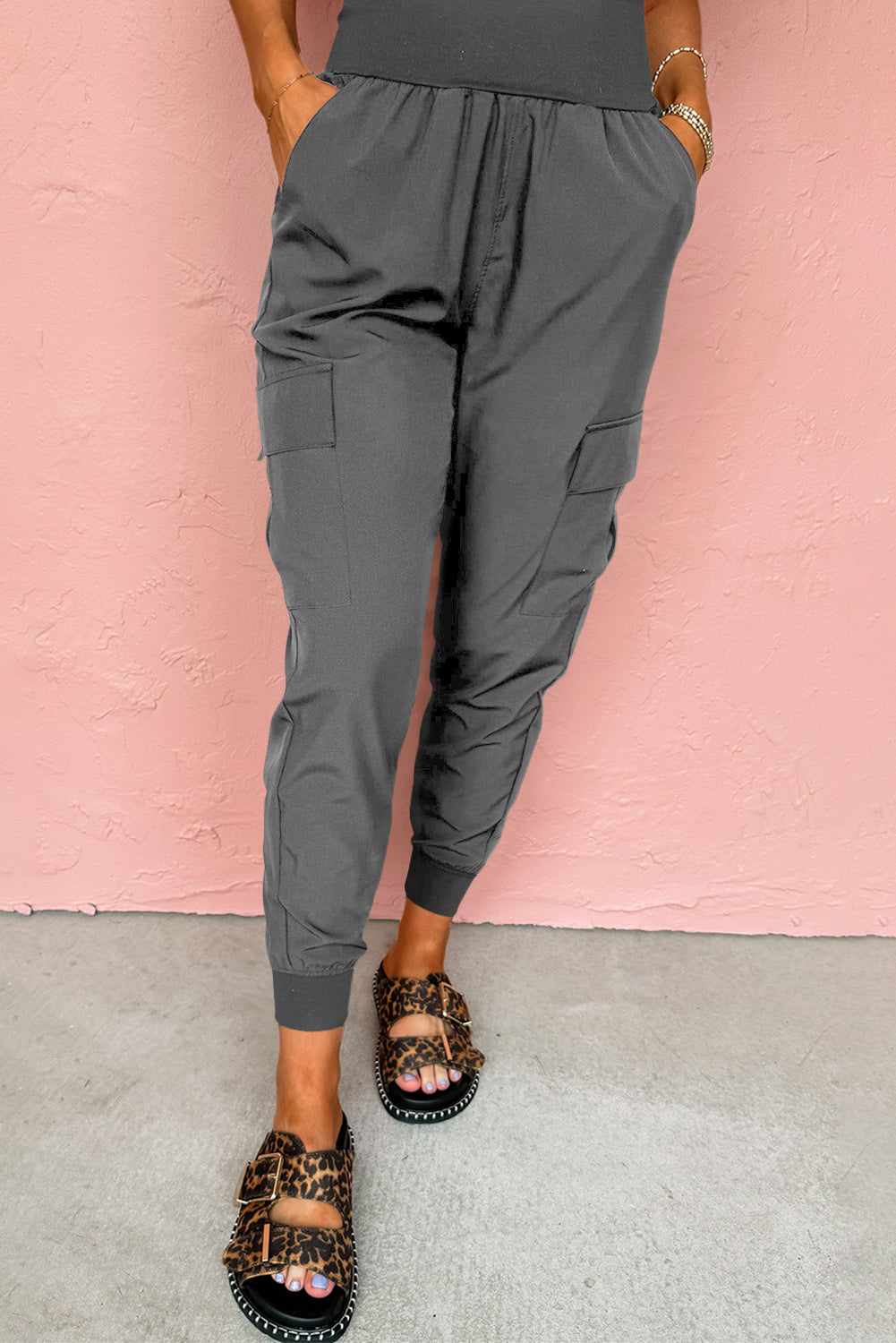 Black Elastic High Waist Pocketed Cargo Jogger Pants