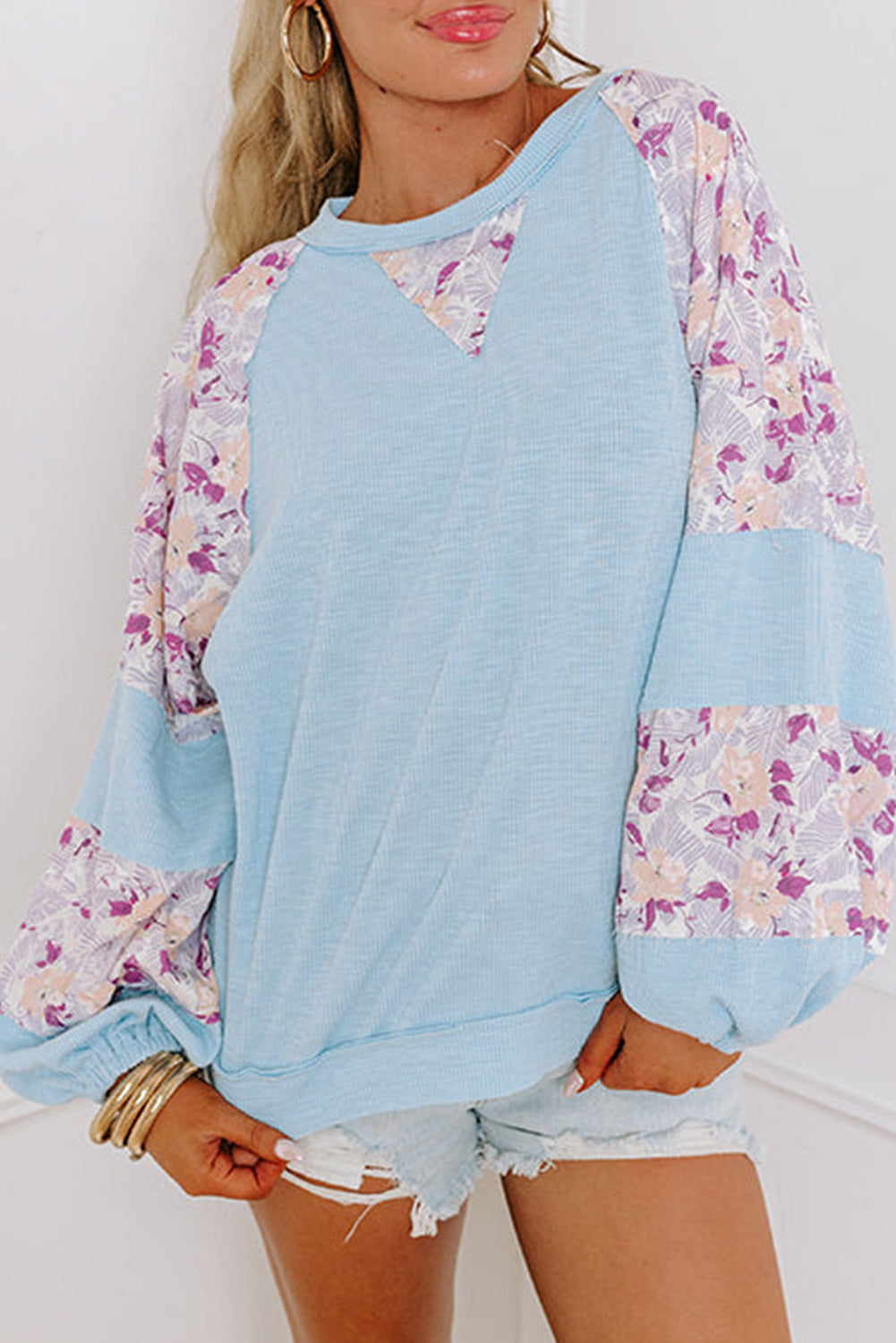 Beau Blue Crinkle Rib Floral Patchwork Balloon Sleeve Top