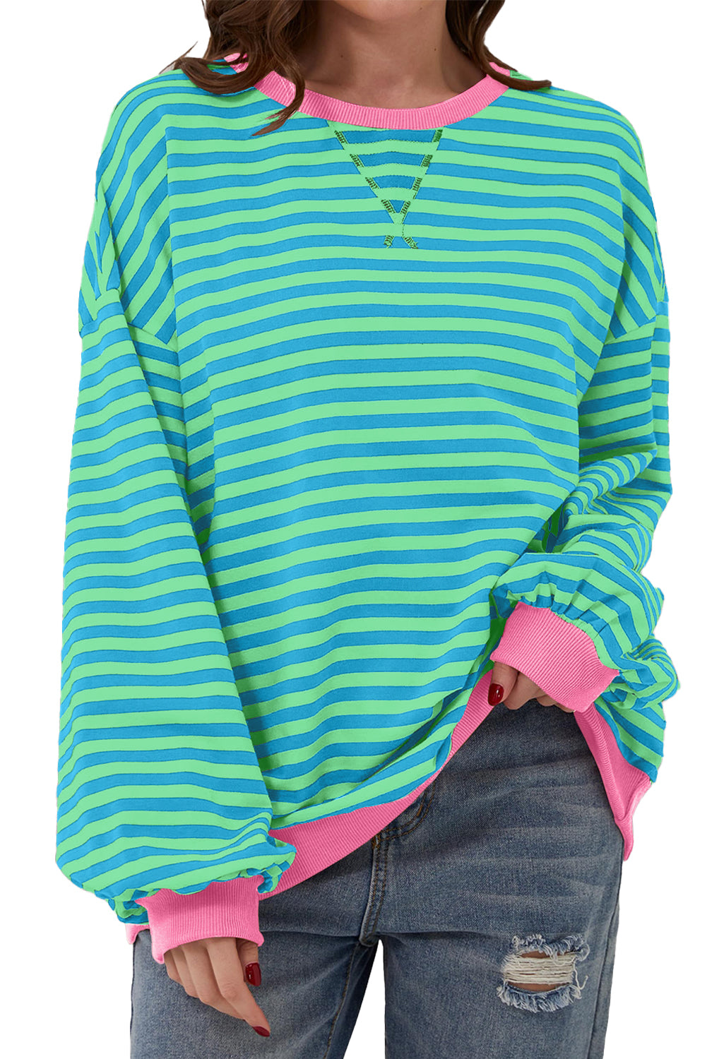 Green Stripe Contrast Edge Oversized Sweatshirt