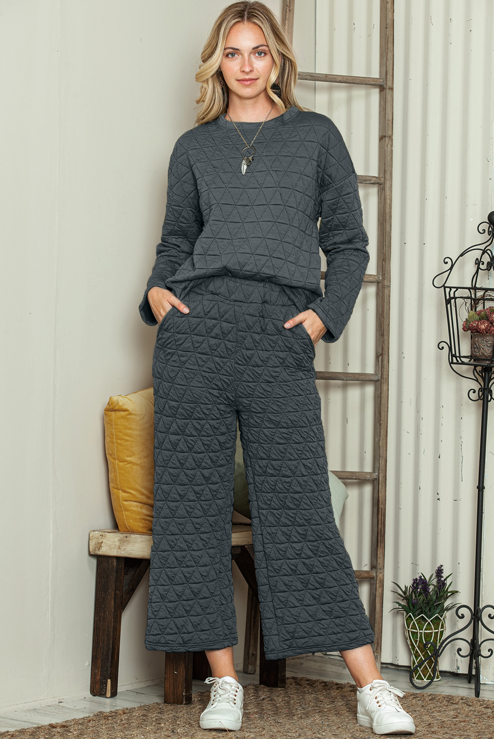 Dark Grey Solid Color Quilted Long Sleeve Top and Wide Leg Pants Set