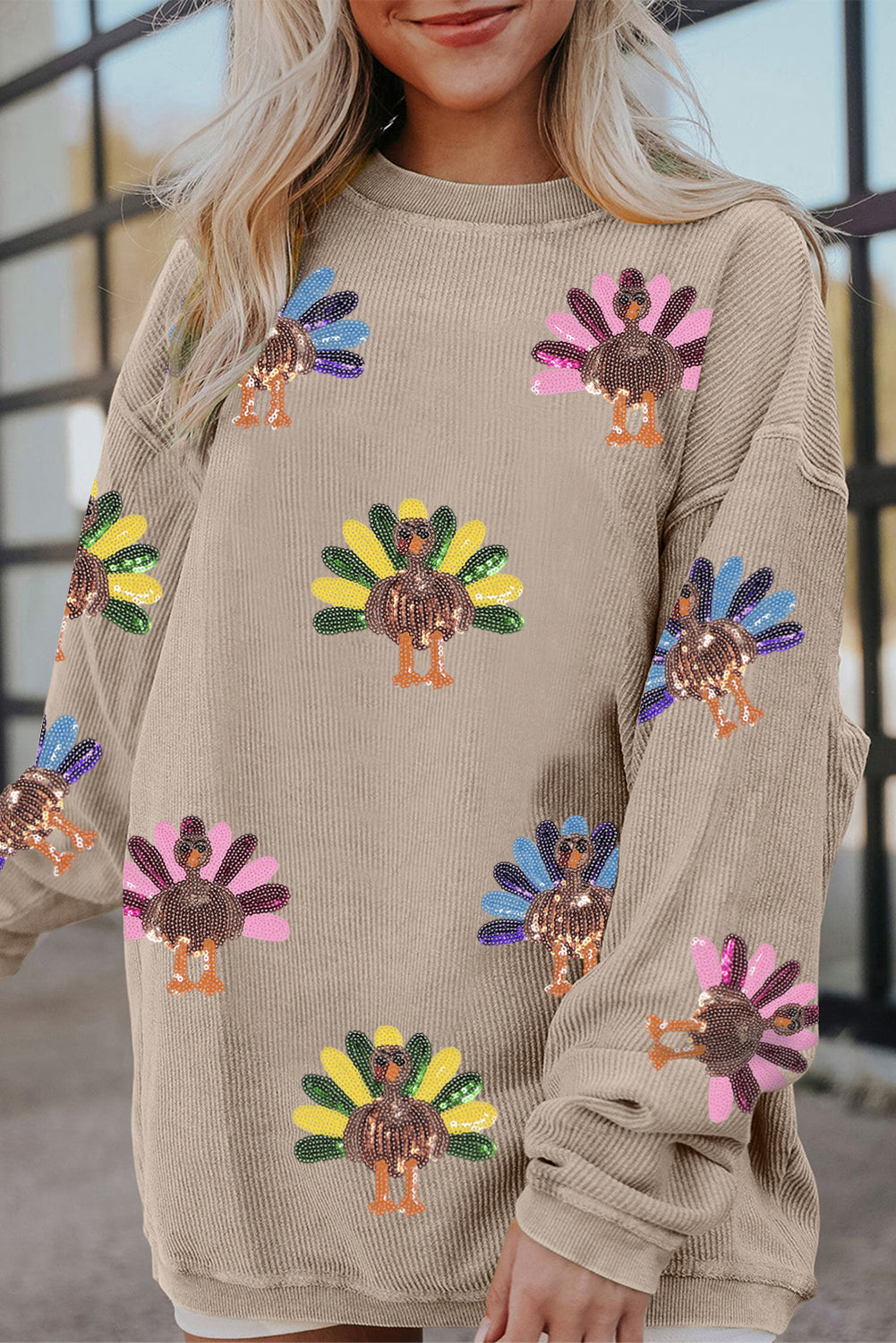Smoke Gray Turkey Patch Application Graphic Corded Baggy Sweatshirt