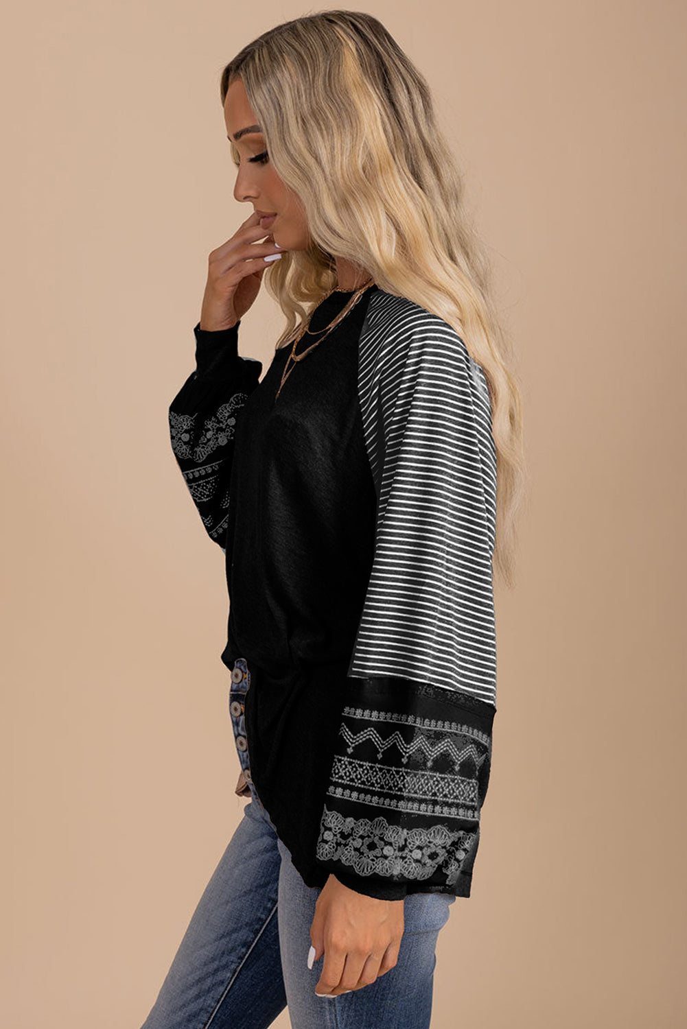 Mineral Red Contrast Print Striped Raglan Long Sleeve Loose Top