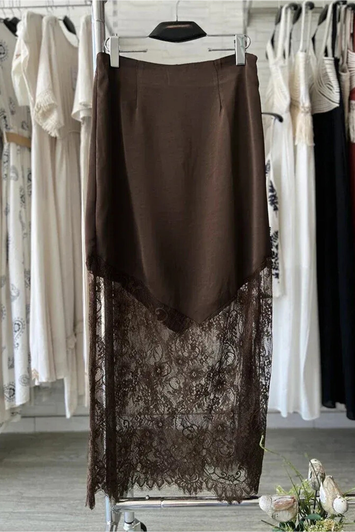 Dark Brown Lace Patchwork Hem Long Casual Shift Skirt