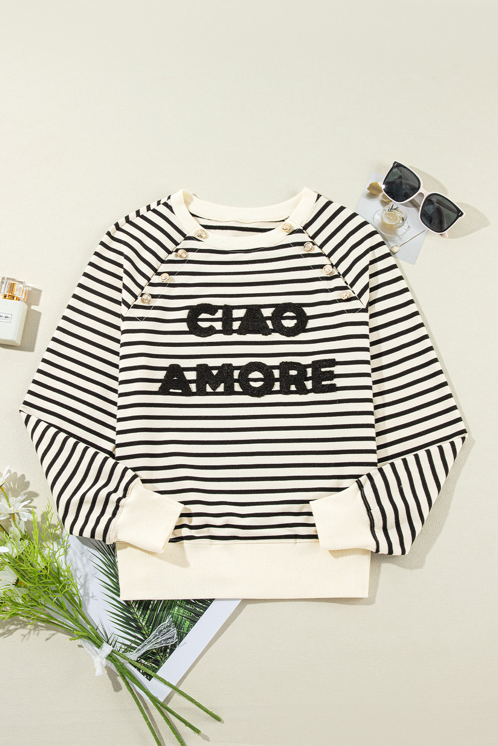 Black Stripe CIAO AMORE Graphic Buttoned Sweatshirt