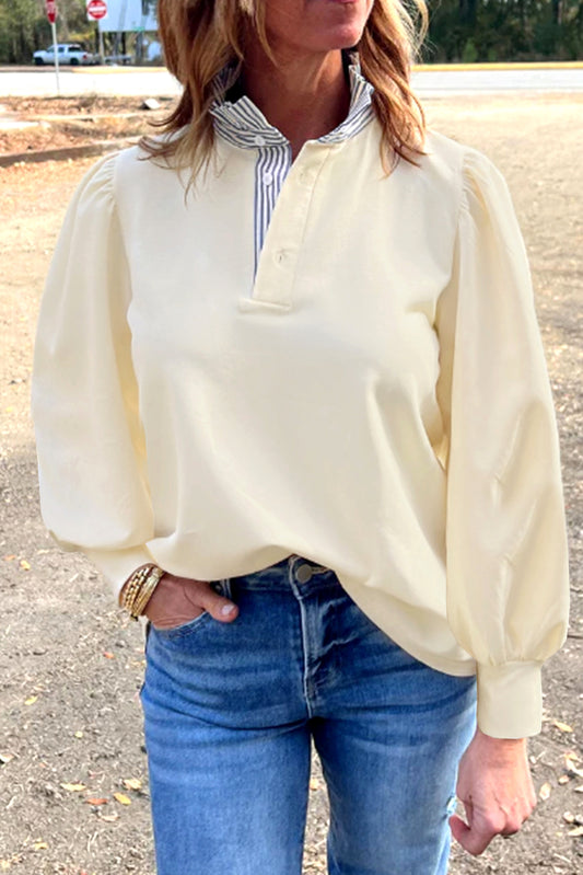 White Striped Ruffle Button Neck Pullover Sweatshirt