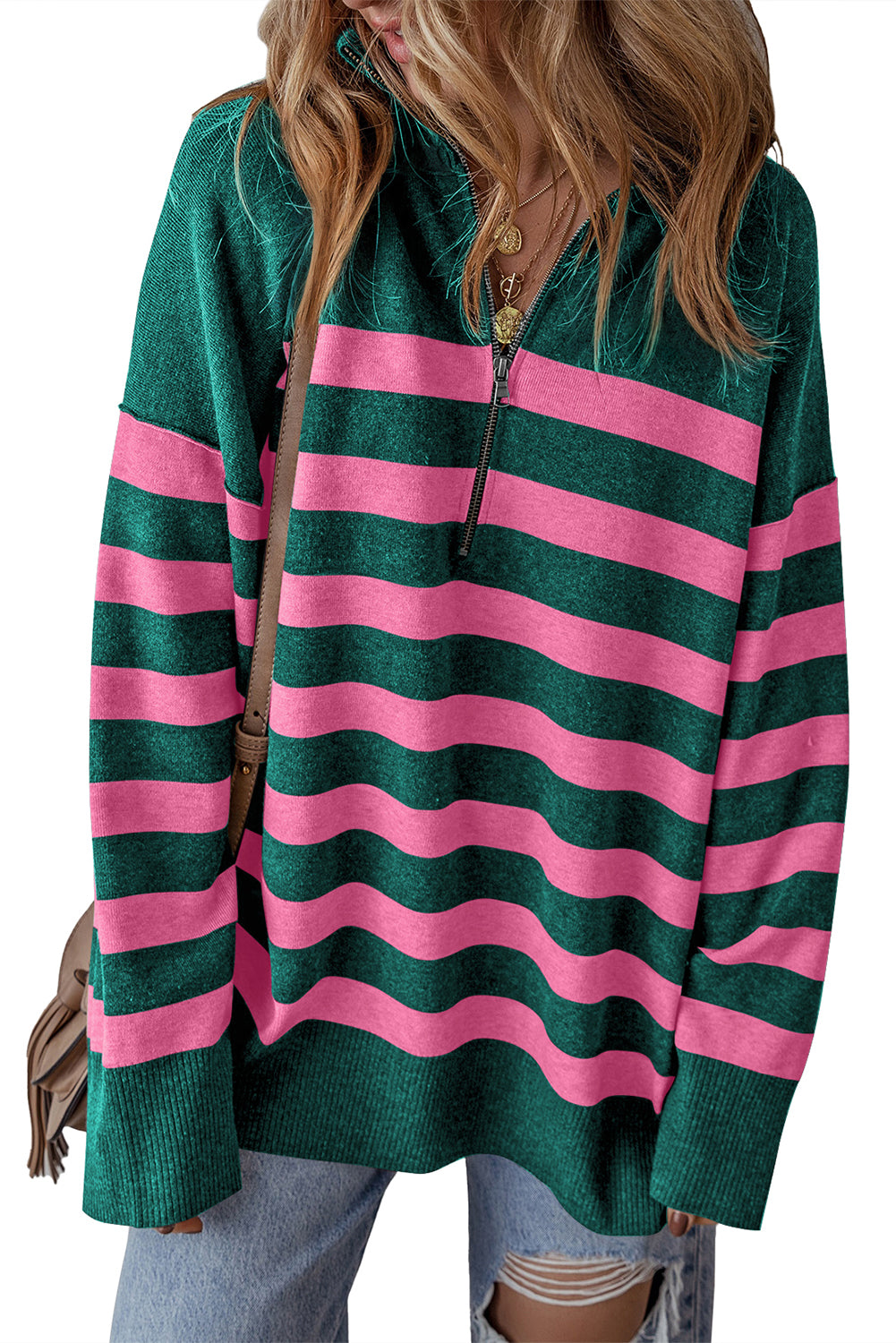 Green Striped Collared Quarter Zip Oversized Sweater