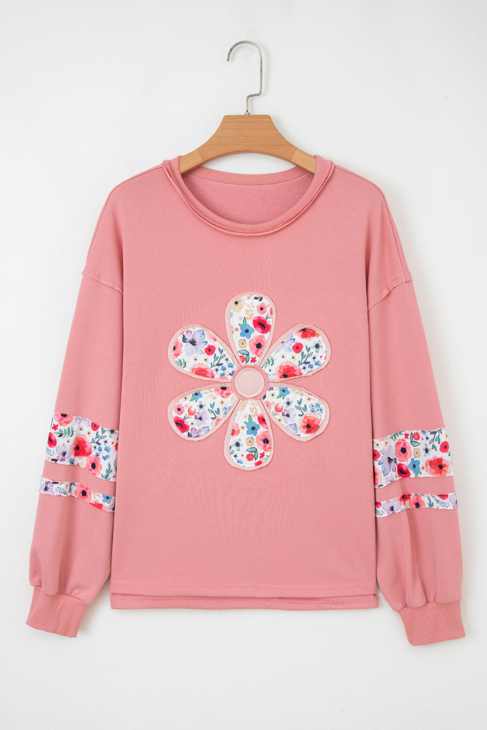 Wisteria Flower Applique Patchwork Drop Sleeve Pullover Sweatshirt