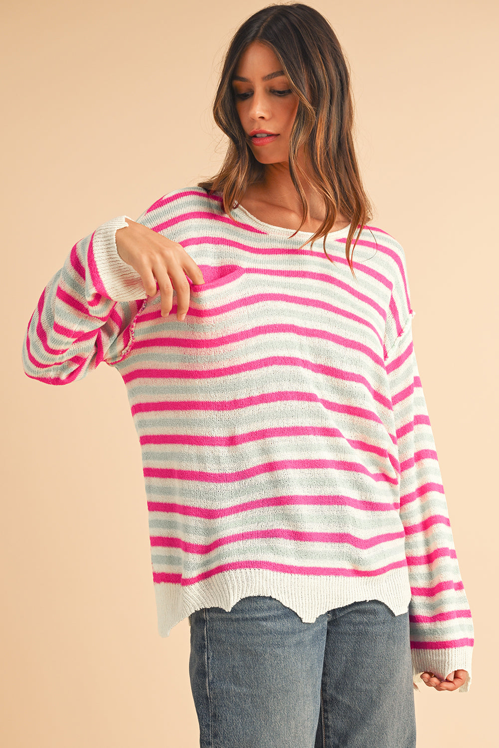 Rose Stripe Distressed Pocket Drop Sleeve Sweater