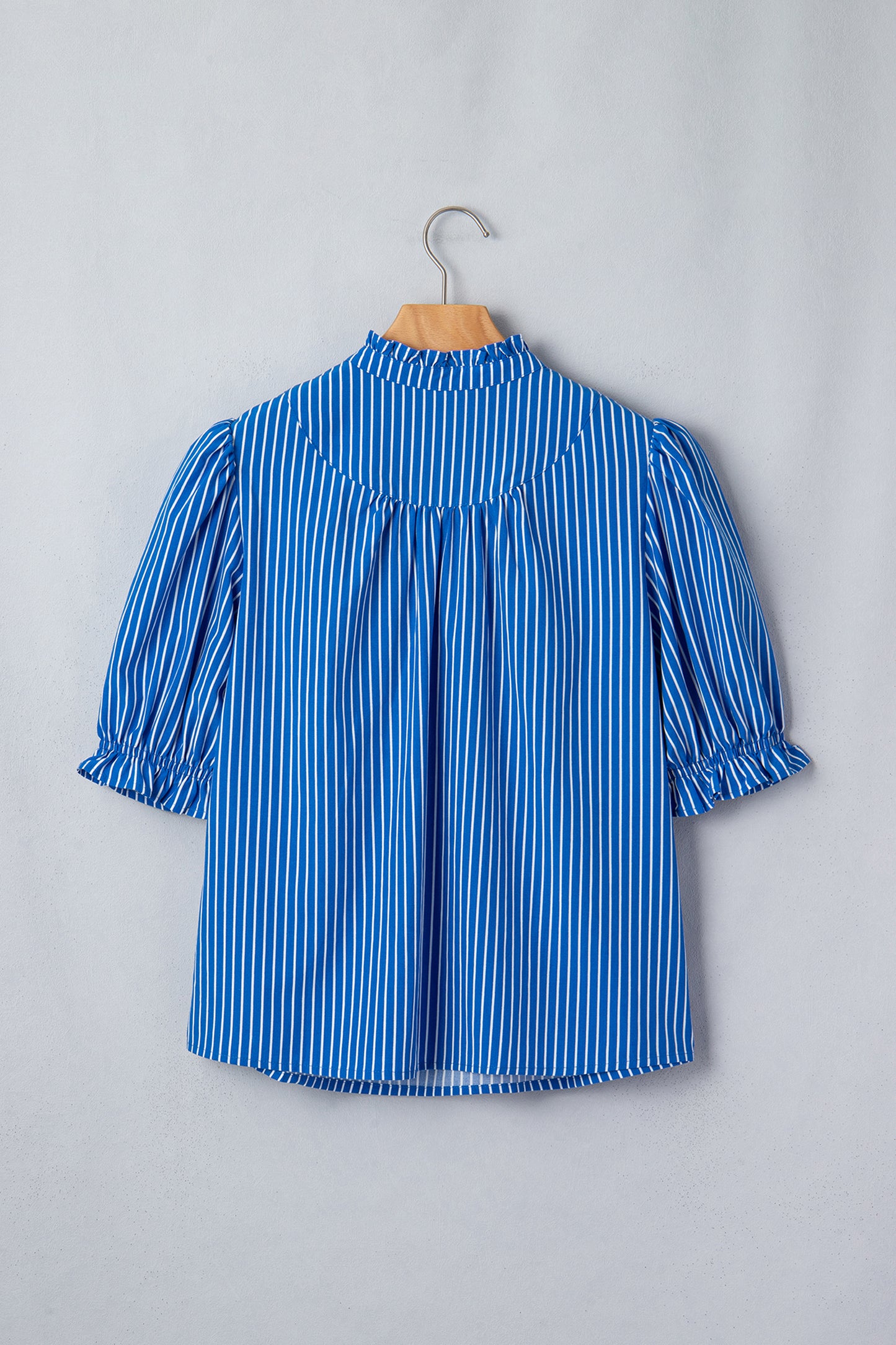 Blue Stripe Ruffled Short Puff Sleeve Button Front Blouse