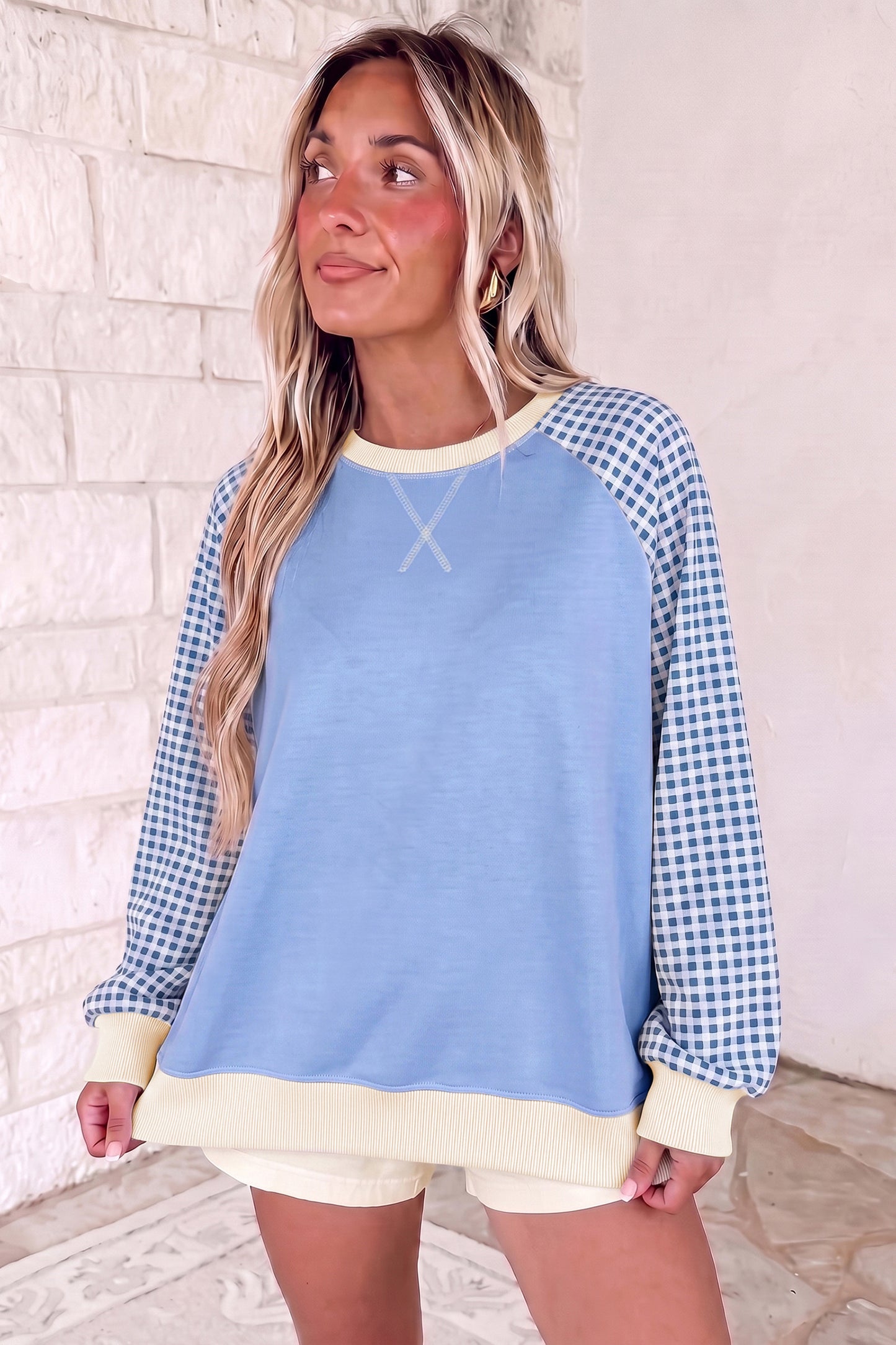 Beige Plaid Sleeve Colorblock Raglan Pullover Sweatshirt