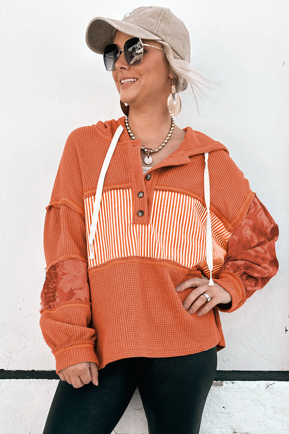 Gray Waffle Patchwork Drawstring Hooded Long Sleeve Top