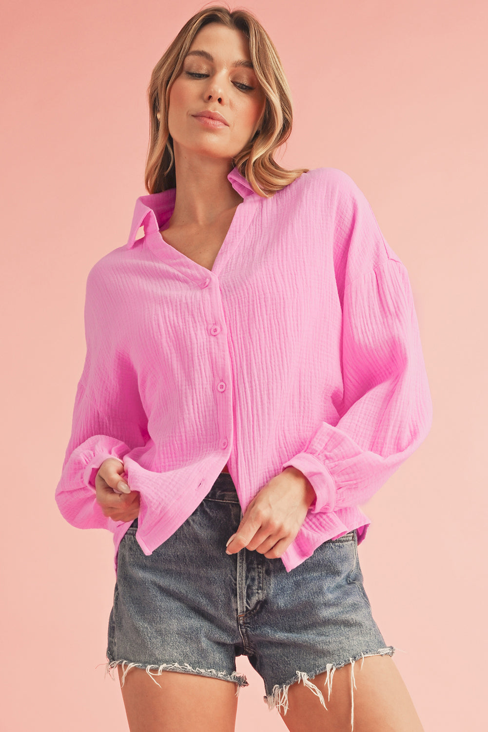 Bonbon Solid Color Puff Sleeve Crinkled Shirt