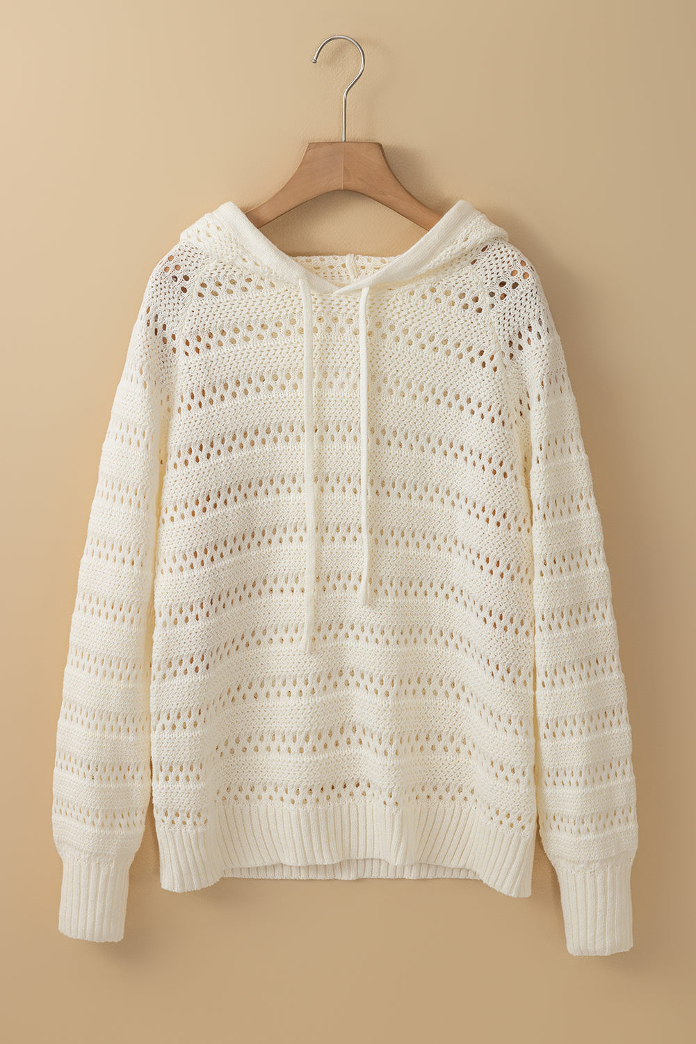 White Pointelle Knit Raglan Sleeve Drawstring Hooded Sweater