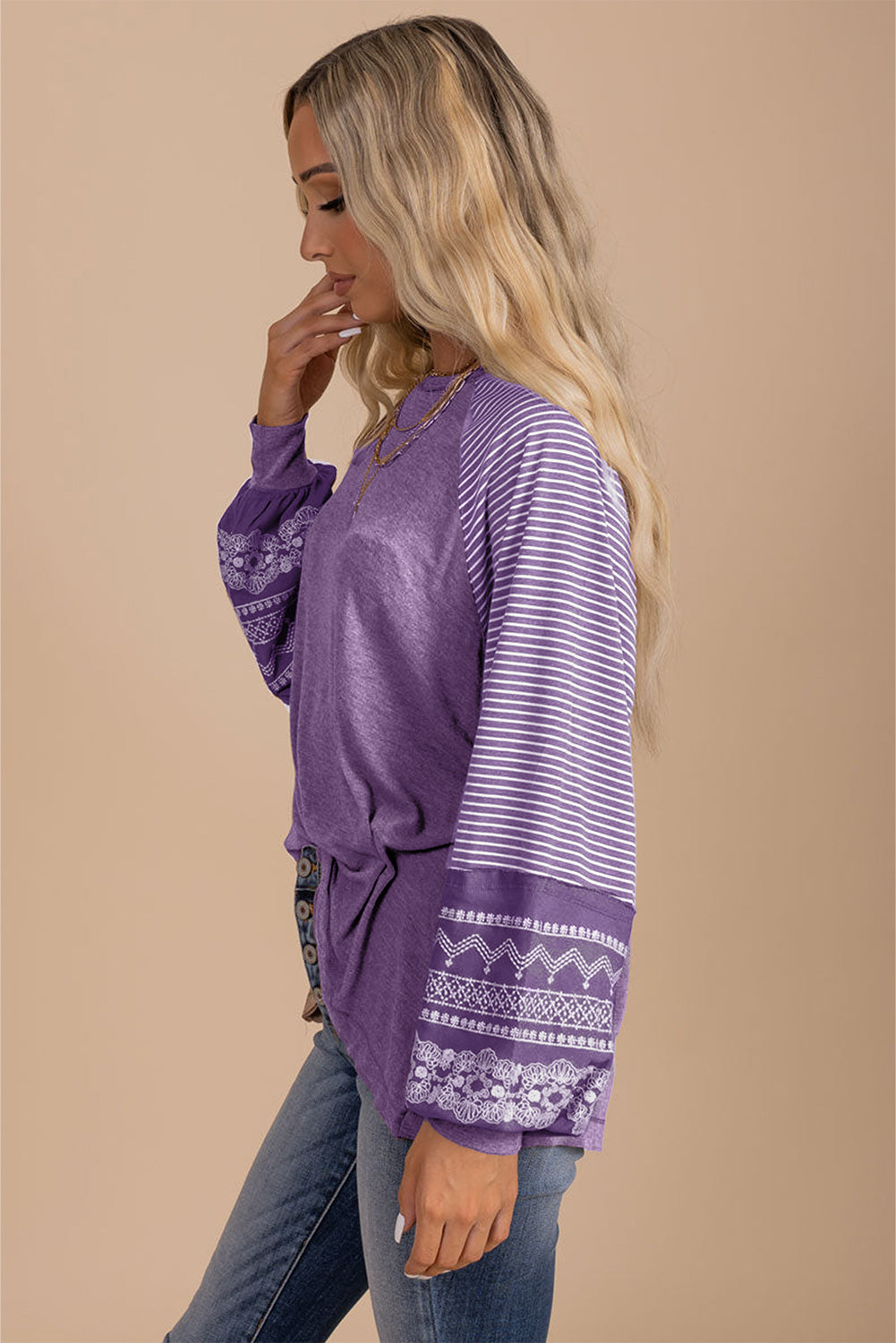 Mineral Red Contrast Print Striped Raglan Long Sleeve Loose Top