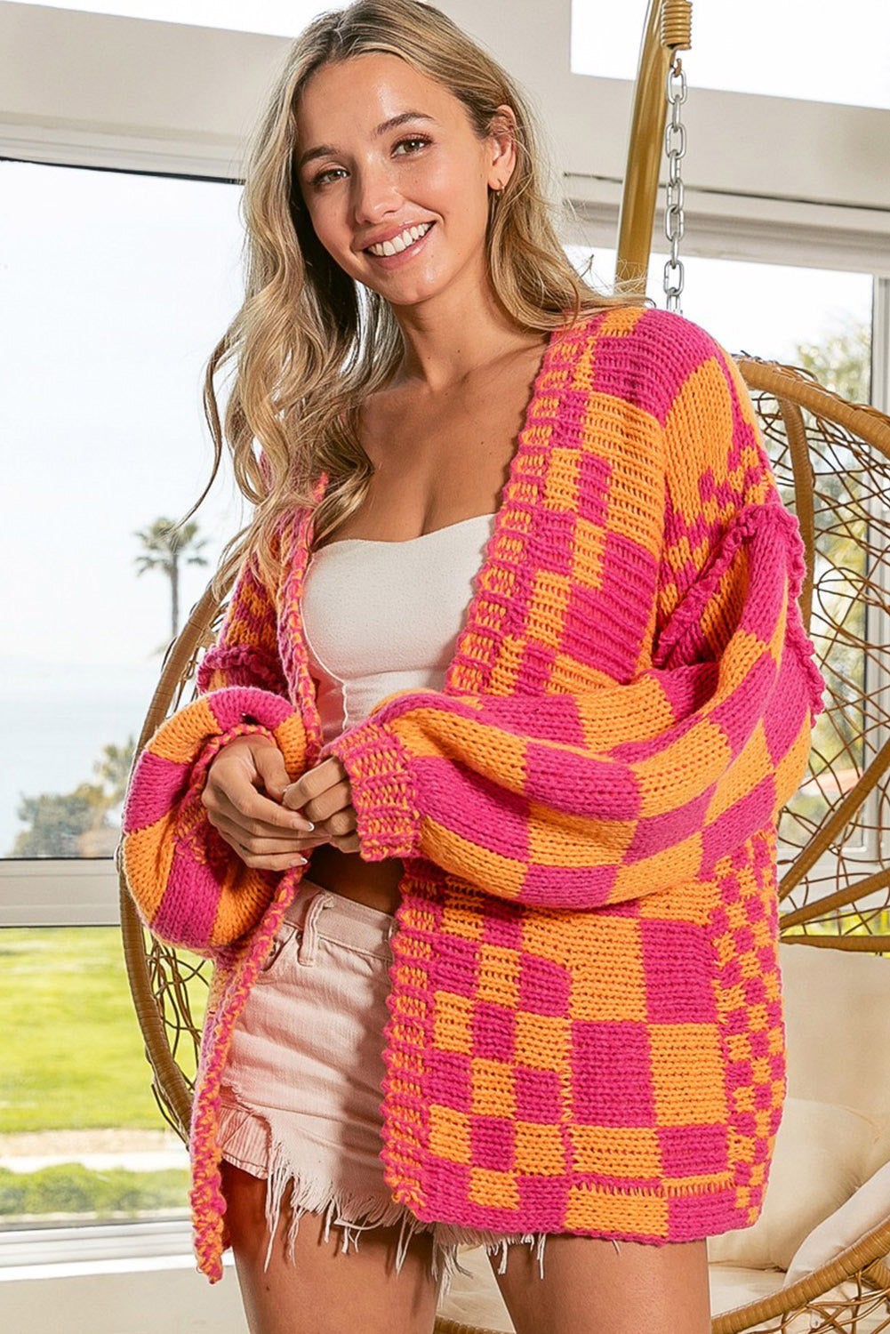 Smoke Gray Colorblock Checked Open Front Knitted Cardigan