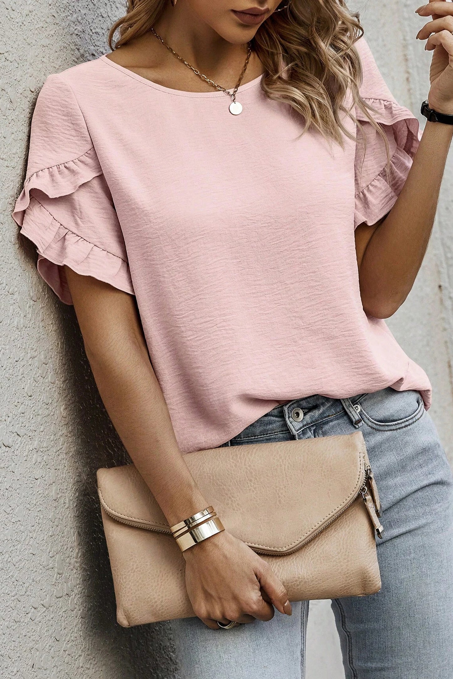 Sea Green Solid Color Ruffle Trim Short Sleeve Blouse
