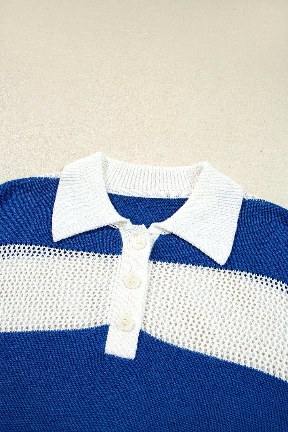 Blue Stripe Colorblock Polo Collar Eyelet Crochet Knit Sweater
