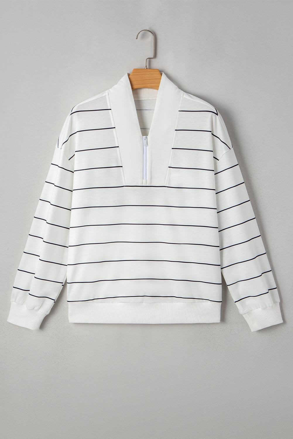 White Striped Zipper V-Neck Drop Sleeve Top