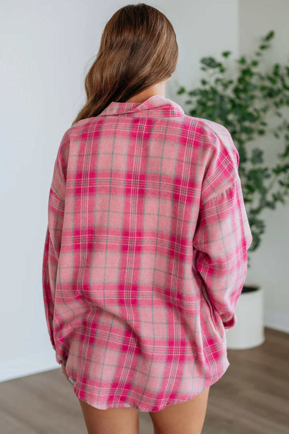 Sachet Pink Plaid Rounded Hem Long Sleeve Shirt Shacket