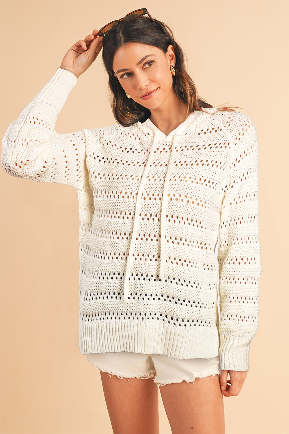 White Pointelle Knit Raglan Sleeve Drawstring Hooded Sweater