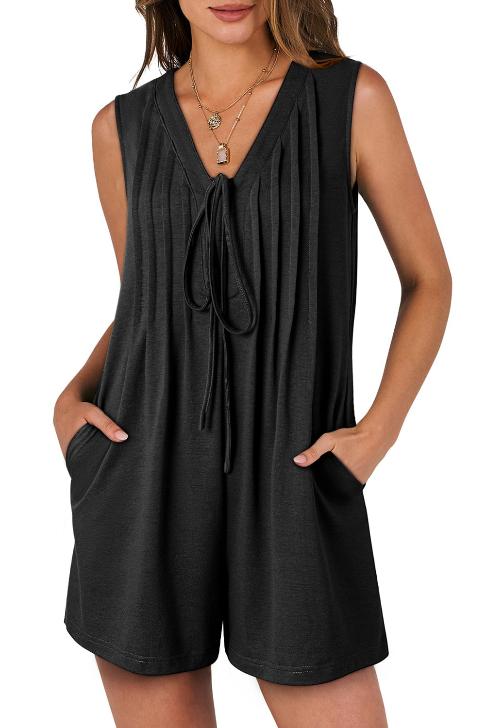 Smoke Green Tie V Neck Pintuck Sleeveless Loose Romper