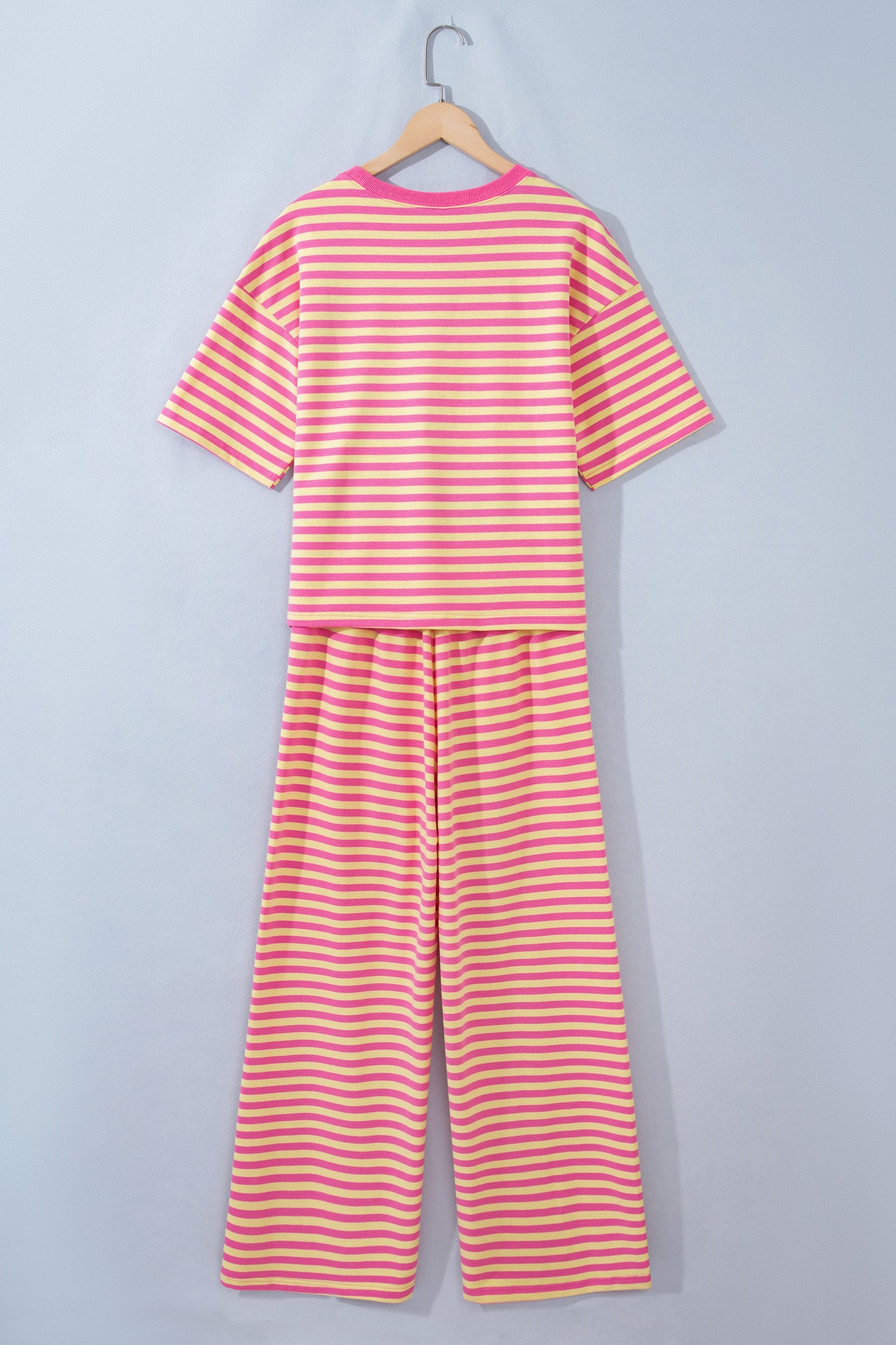 Yellow Stripe Colorblock Trim Crew Neck Loose Tee Drawstring Elastic Waist 2pcs Pant Set