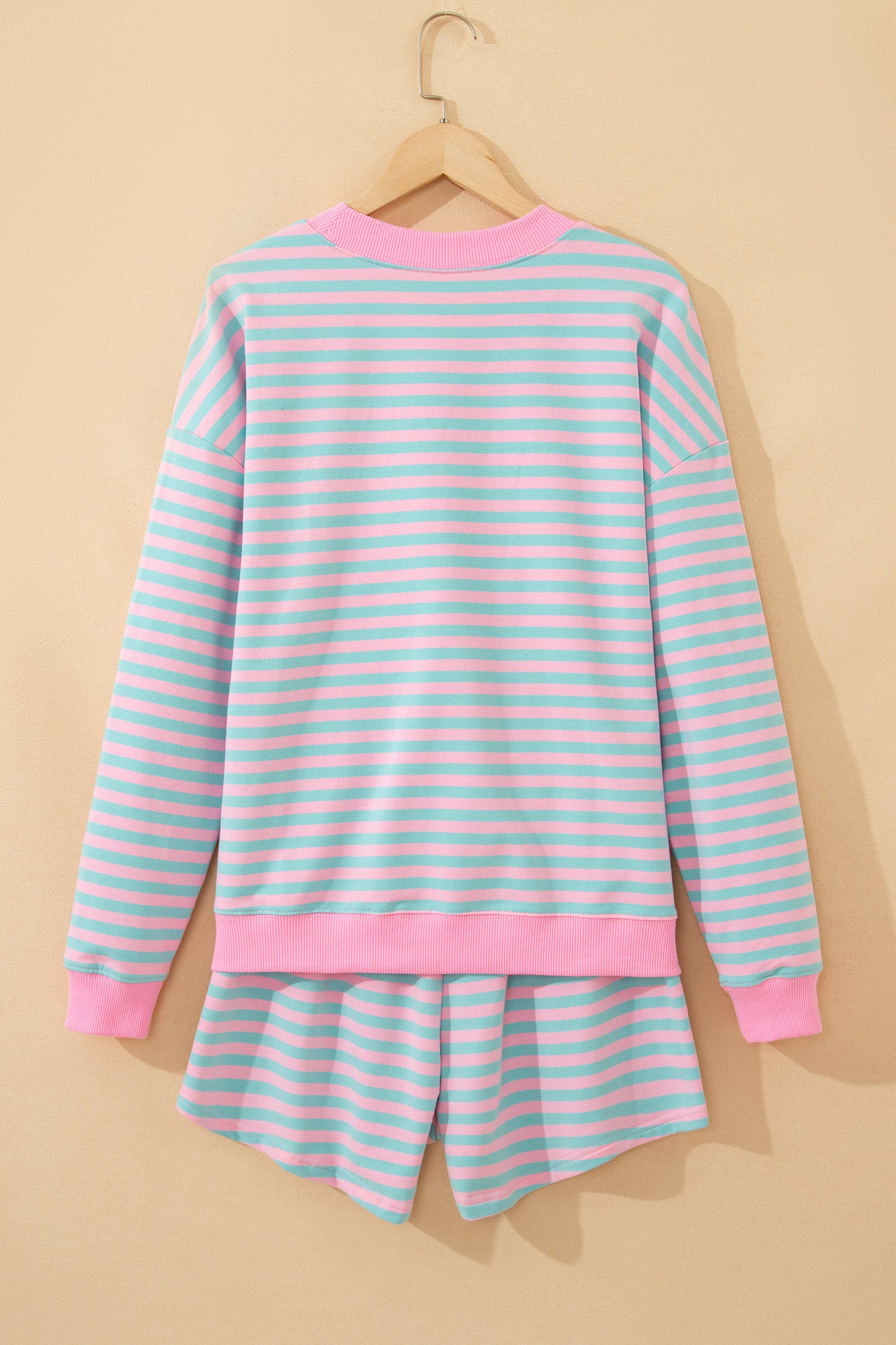 Yellow Stripe Color Block Detail Long Sleeve Pullover Elastic Waist Pull On Shorts 2pcs Set