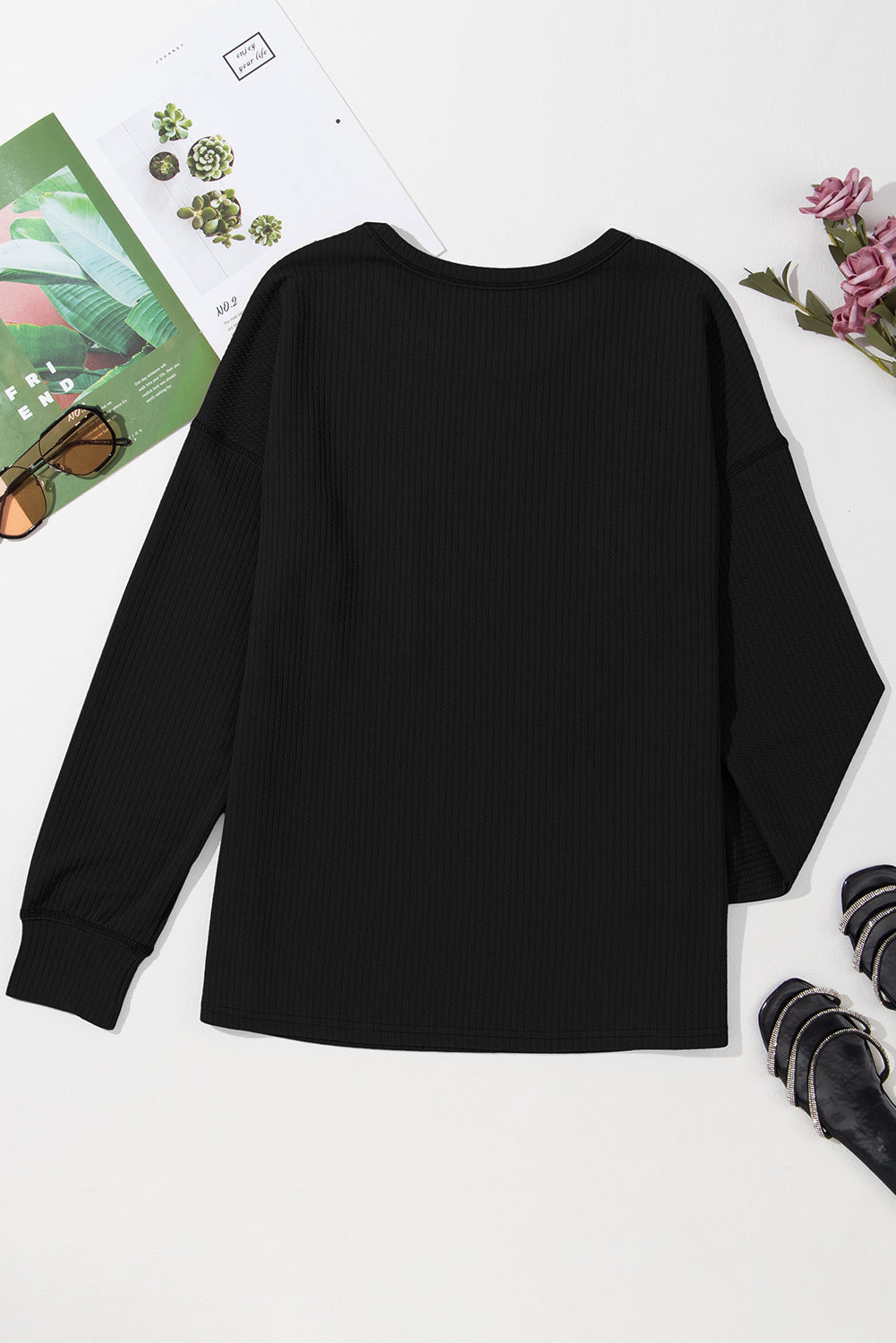 Black Pocketed Ribbed Long Sleeve Top