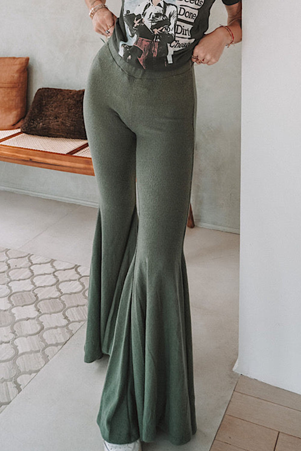 Green Solid High Waist Fit and Flare Pants