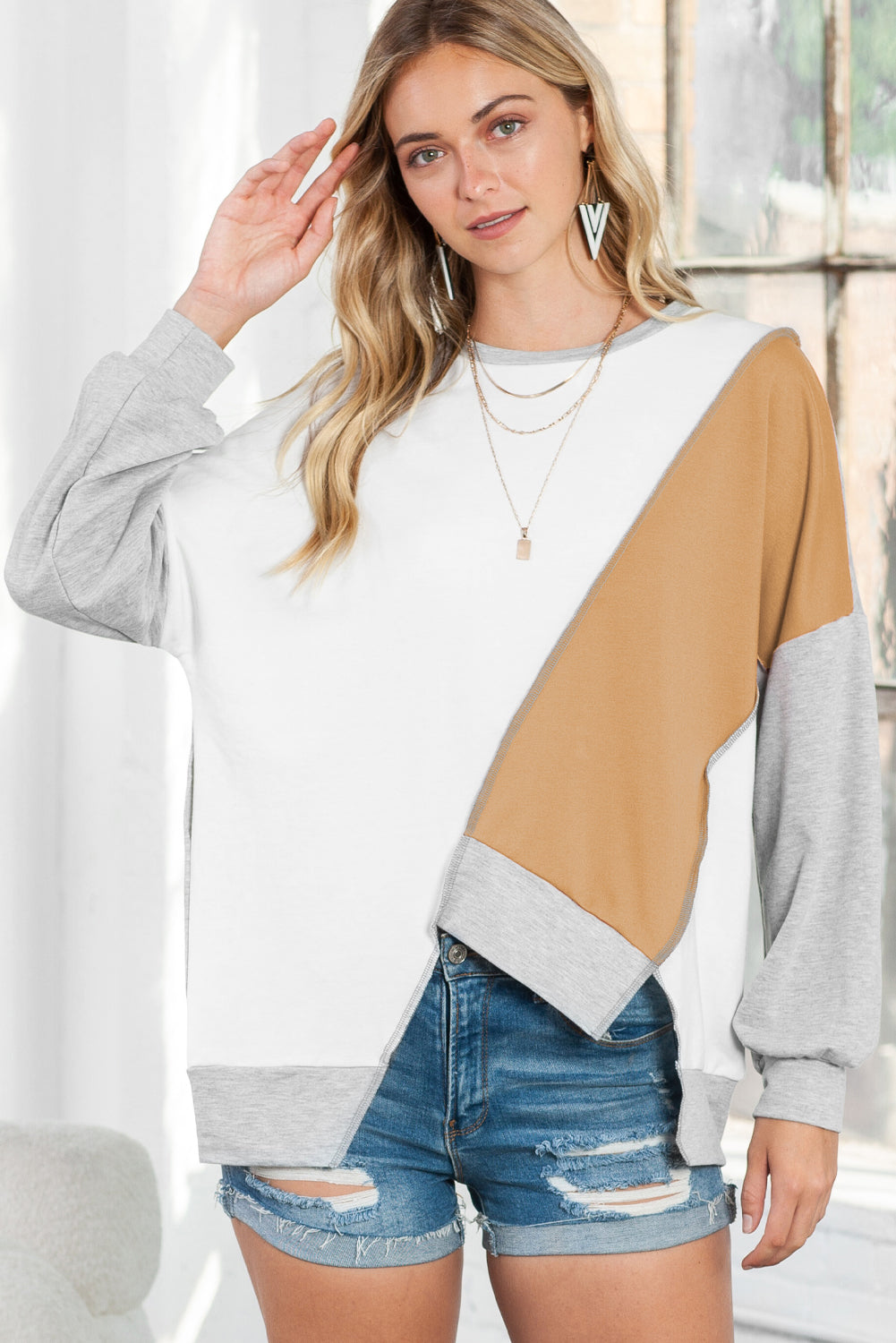 Khaki Colorblock Stitching Irregular Hem Long Sleeve Top