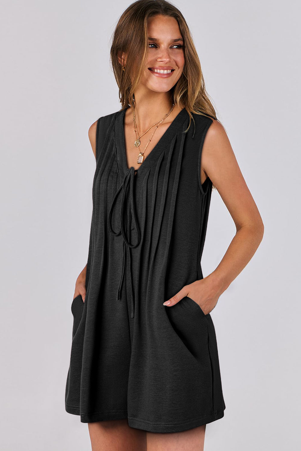 Smoke Green Tie V Neck Pintuck Sleeveless Loose Romper