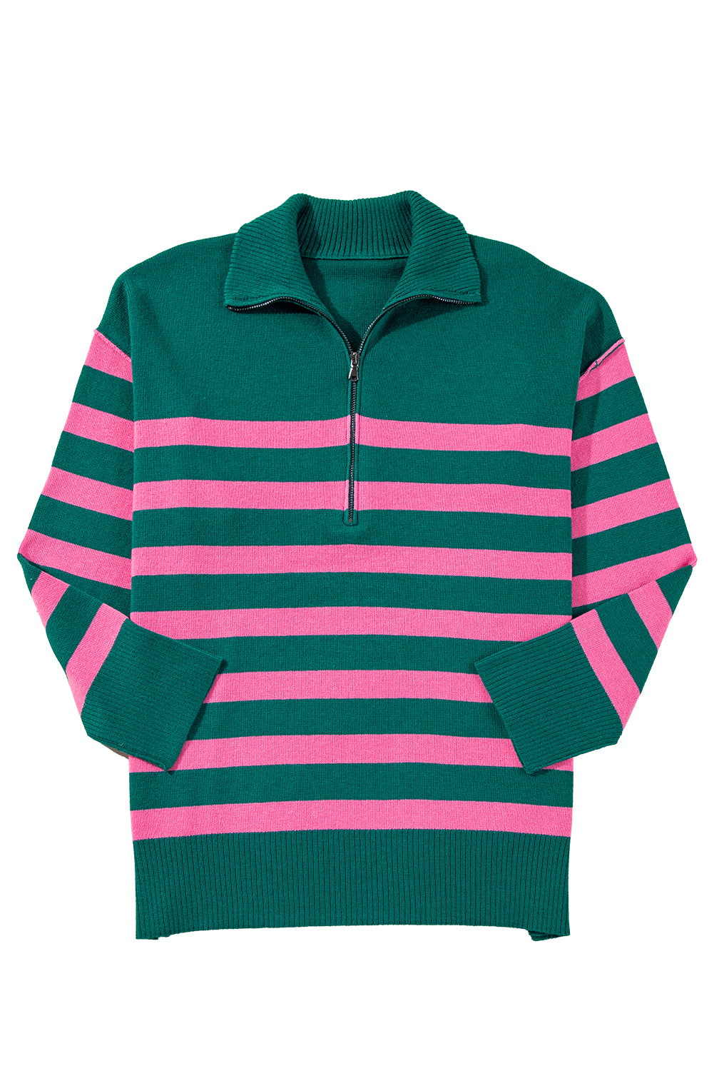 Green Striped Collared Quarter Zip Oversized Sweater